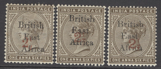 SG (51) BEA 1895. 2½a on 1½a sepia with overprint types 12, 13 & 14 with larger UPV overprints...