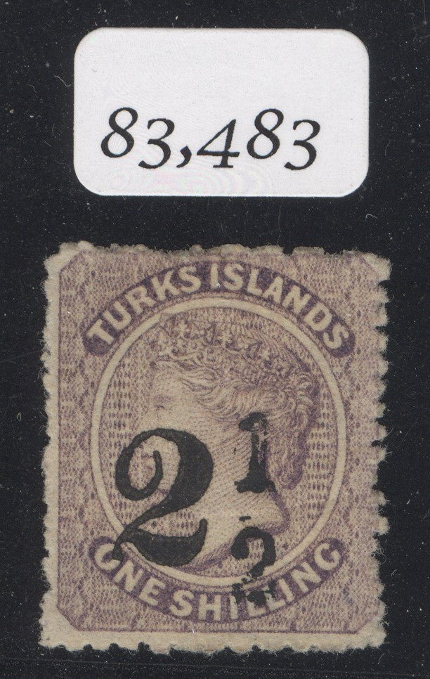 SG 29 Turks Islands 1881. 2½d on 1/- lilac. Mounted mint, part original gum, horizontal gum crease CAT £650. BPA cert
