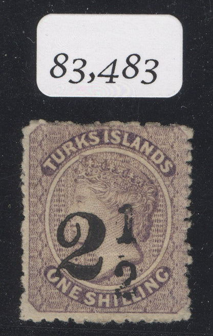 SG 29 Turks Islands 1881. 2½d on 1/- lilac. Mounted mint, part original gum, horizontal gum crease CAT £650. BPA cert