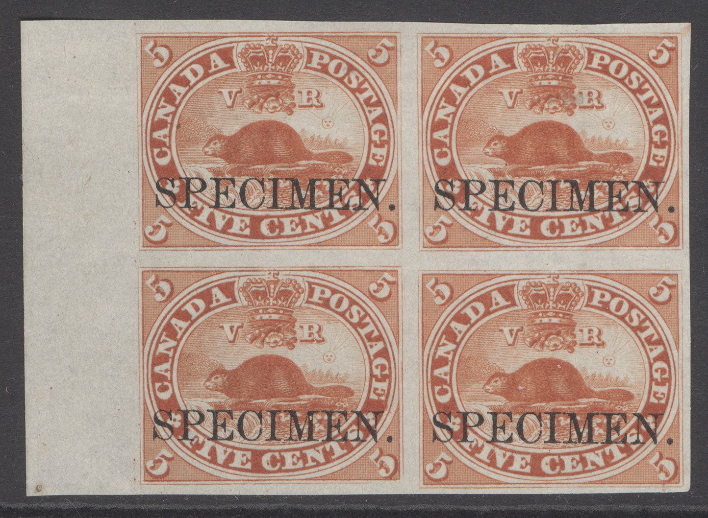 Colony of Canada 1859. 5c early proof marginal block 4 on India paper, overprinted specimen. Very fresh. Full fine/huge margins