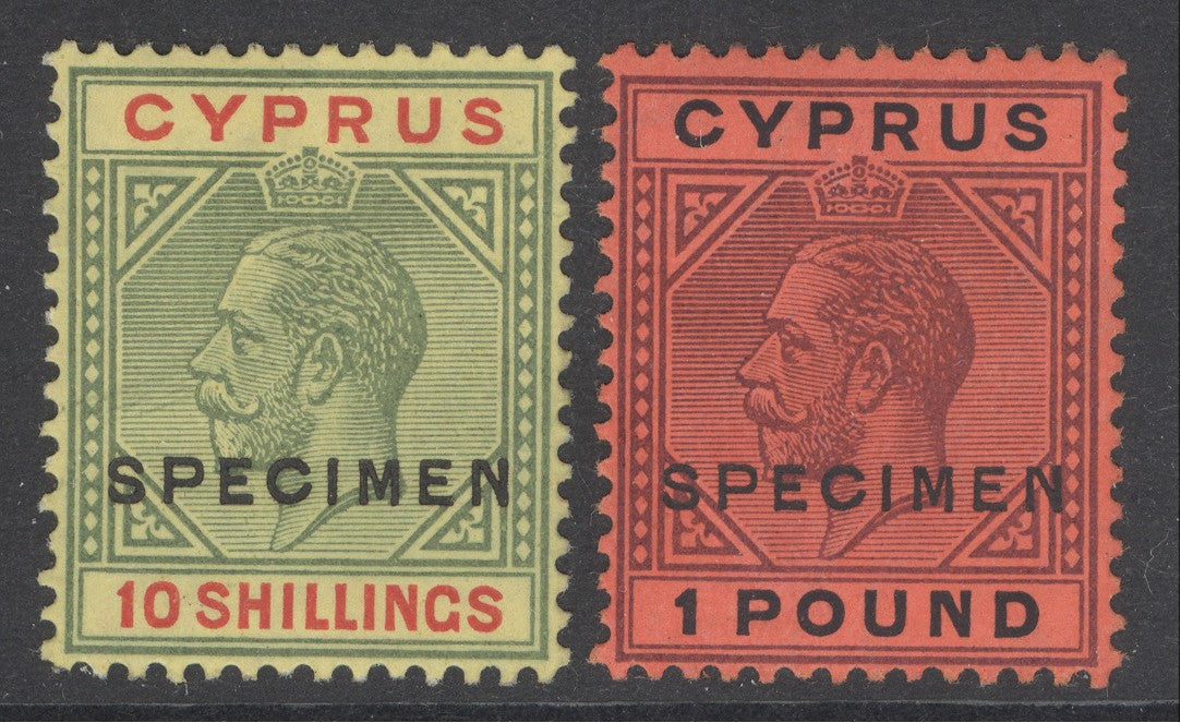SG 100-101 Cyprus 1921-25. 10/- & £1 overprinted specimen. Lightly mounted mint. Scarce set CAT £750
