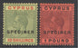 SG 100-101 Cyprus 1921-25. 10/- & £1 overprinted specimen. Lightly mounted mint. Scarce set CAT £750