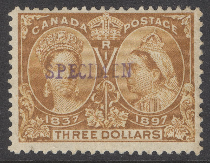 SG 138 Canada 1897. $3 bistre, overprinted specimen. A fine fresh mounted mint example