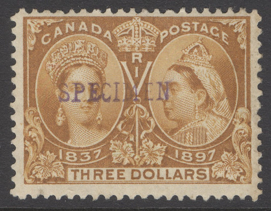 SG 138 Canada 1897. $3 bistre, overprinted specimen. A fine fresh mounted mint example