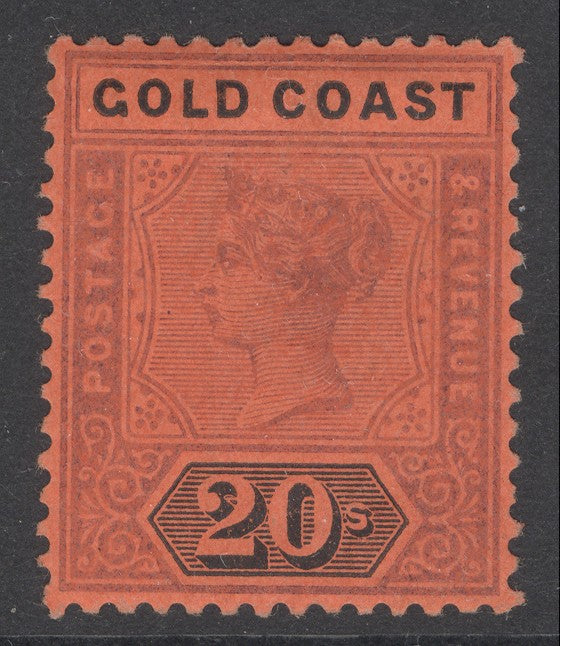 SG 25 Gold Coast 20/- dull mauve & black/red. A fine fresh lightly mounted mint example CAT £190