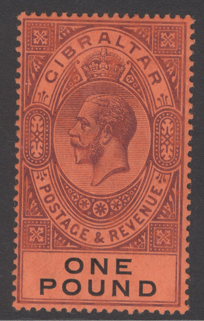 SG 85 Gibraltar 1912-24. £1 dull purple & black/red. A fine fresh lightly mounted mint example CAT £160