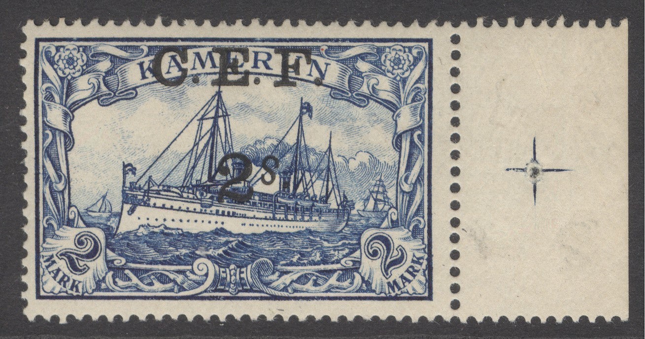 SG B11a Cameroon 1915. 2s on 2m blue with variety ‘S’ inverted. A fine fresh unmounted mint marginal example CAT £1000