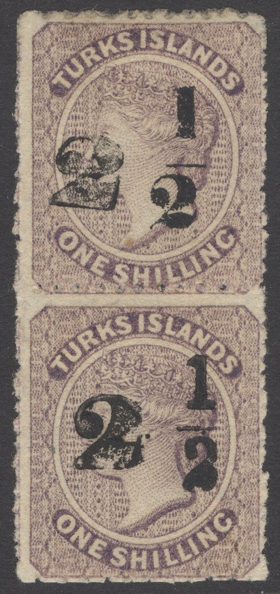 SG 36 & 37 Turks Islands 1881. 2½d on 1/- lilac. Fine mint vertical pair. Different types or se-tenant...