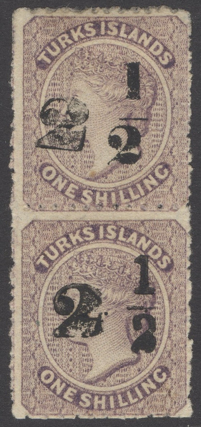SG 36 & 37 Turks Islands 1881. 2½d on 1/- lilac. Fine mint vertical pair. Different types or se-tenant...