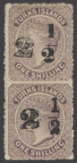SG 36 & 37 Turks Islands 1881. 2½d on 1/- lilac. Fine mint vertical pair. Different types or se-tenant...