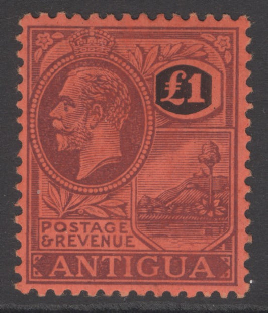 SG 61 Antigua 1918. £1 purple & black on red. A fine unmounted mint example CAT £275.