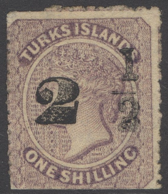 SG 37 Turks Islands 1881. 2½d on 1/- lilac. A fine mounted mint example CAT £1200. Peter Holcome cert