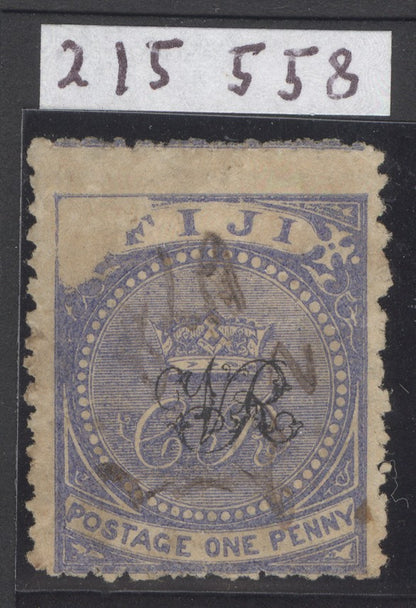 SG 31b Fiji 1876-1877. 1d blue/laid paper variety ‘void’ corner used with manuscript obliteration CAT £350. RPS cert.