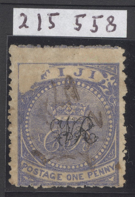 SG 31b Fiji 1876-1877. 1d blue/laid paper variety ‘void’ corner used with manuscript obliteration CAT £350. RPS cert.