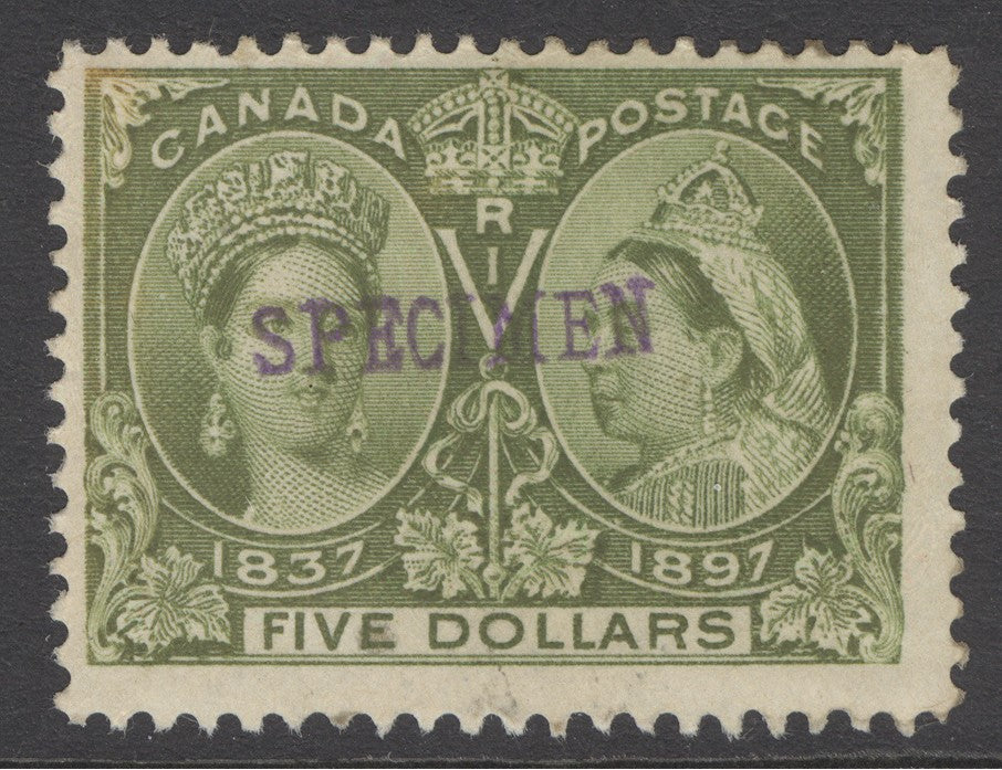 SG 140 Canada 1897. $5 olive-green, overprinted specimen. Mounted mint, good colour.