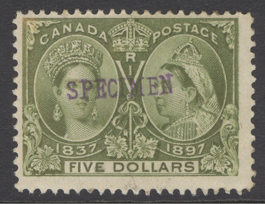 SG 140 Canada 1897. $5 olive-green, overprinted specimen. Mounted mint, good colour.