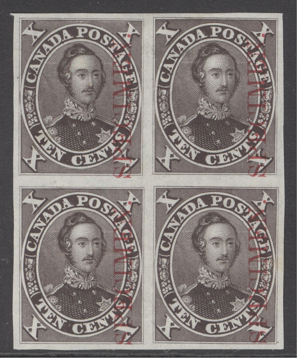 Colony of Canada 1859. 10c proof block of 4 on India paper, overprinted specimen in red. Very fresh, full-large margins