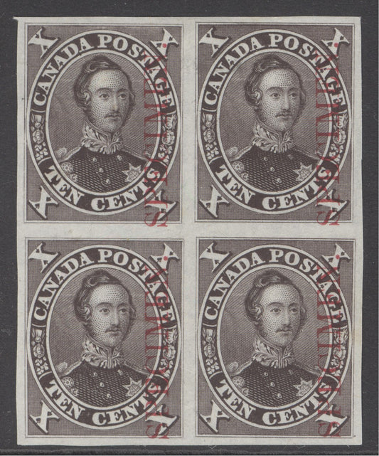 Colony of Canada 1859. 10c proof block of 4 on India paper, overprinted specimen in red. Very fresh, full-large margins