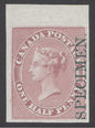 (SG 17)  Colony of Canada 1857. ½d deep rose imperf overprinted specimen vertically in green. 4 fine/huge margins