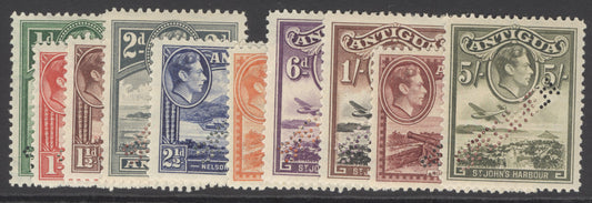 SG 81-90 Antigua 1932. ½dt5/- set of 10, perf specimen. Fine mounted mint. 2/6 has a few short perfs at base CAT £250