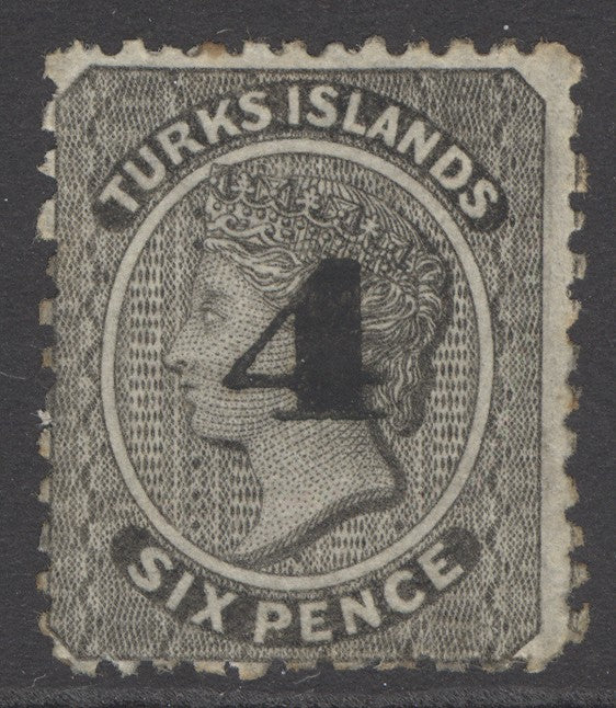 SG 43 Turks Islands 1881. 4 on 6d black. A fine mounted mint example CAT £140