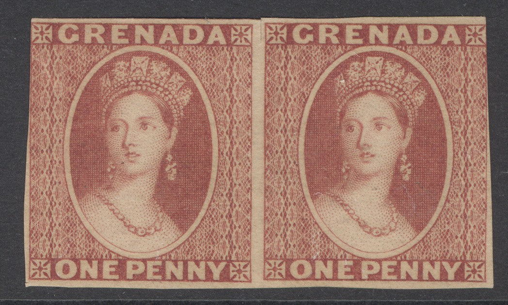 Grenada 1861 1d plate proofs on unwatermarked paper in dull red, horizontal pair. Margins vary to good to touched. A nice clean item
