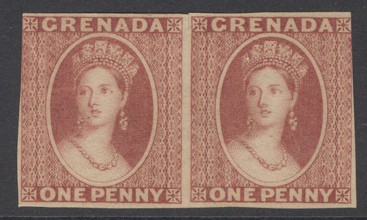 Grenada 1861 1d plate proofs on unwatermarked paper in dull red, horizontal pair. Margins vary to good to touched. A nice clean item