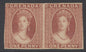 Grenada 1861 1d plate proofs on unwatermarked paper in dull red, horizontal pair. Margins vary to good to touched. A nice clean item