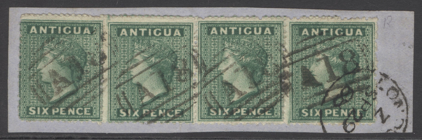 SG 9 Antigua 1963-67. 6d dark green strip of 4. Very fine used on piece with ‘A18’ English harbour obliterators CAT £112