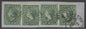 SG 9 Antigua 1963-67. 6d dark green strip of 4. Very fine used on piece with ‘A18’ English harbour obliterators CAT £112