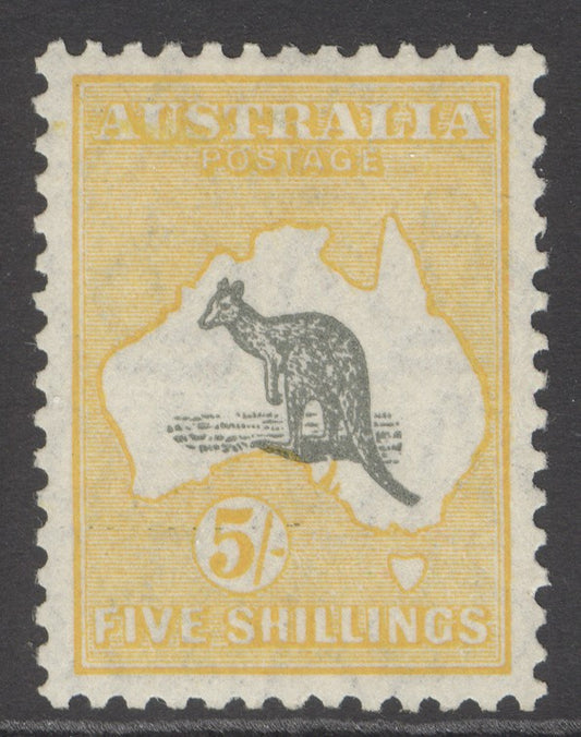 SG 111 Australia 1929-30. 5/- grey & yellow. A fine fresh very lightly mounted mint example with excellent centring CAT £275