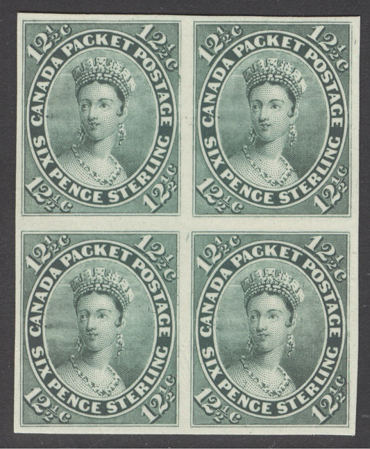 Colony of Canada 1857. 12½c colour trial imperforate plate proof in green on India paper affixed to thin card. Very fresh, full margins