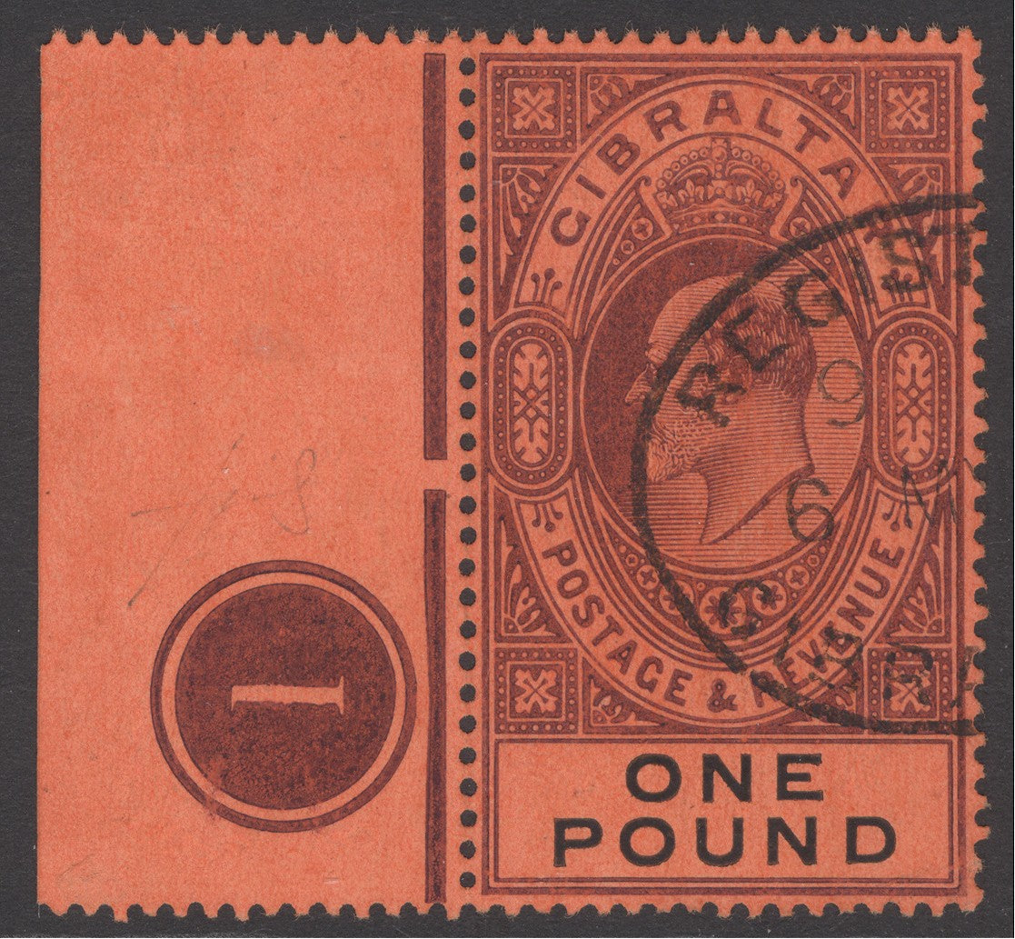 SG 64 Gibraltar 1904. £1 deep purple & black/red. Very fine used control marginal example CAT £750
