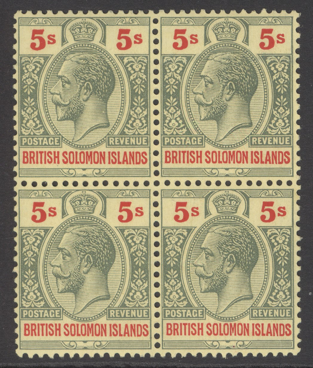 SG 51 BSI 1922-31. 5/- green & red/pale yellow. Unmounted mint block of 4 CAT £240