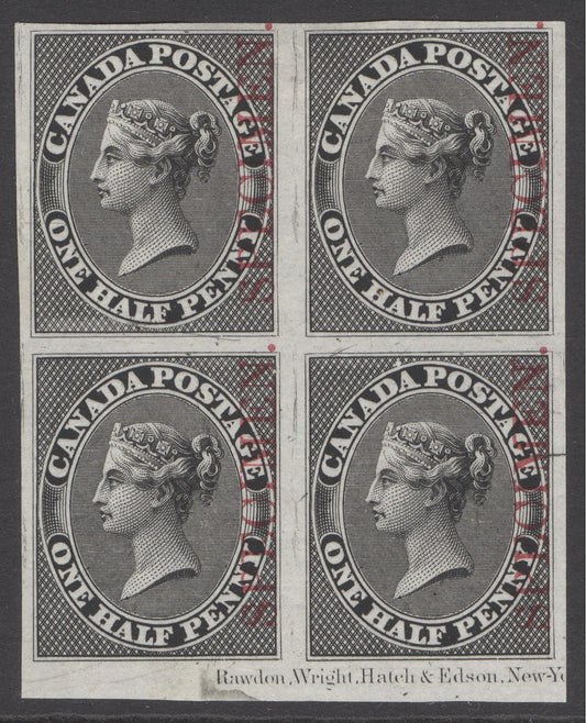 (SG 17) Colony of Canada 1857. ½d plate proof block of 4 in unissued grey-black shade, overprinted specimen vertically in red. Fine/large margins with inscription at base