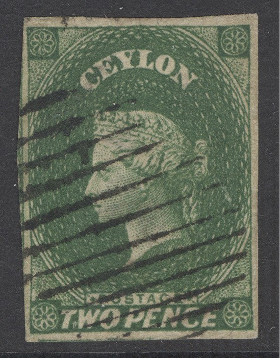 SG 3 Ceylon 1857-59. 3d green. Very fine used. 4 good margins