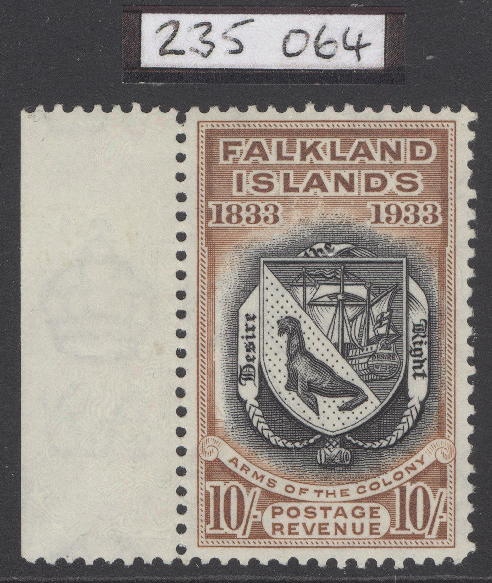 SG 137 Falklands 1933. 10/- black & chestnut. A fine fresh marginal example, barely hinged CAT £900. RPS cert