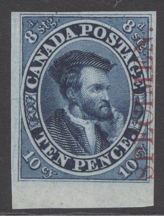 SG 13 Canada 1852. 10d bright-blue, overprinted specimen in red. Full good-huge margins. A lovely example