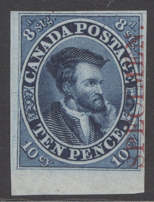 SG 13 Canada 1852. 10d bright-blue, overprinted specimen in red. Full good-huge margins. A lovely example