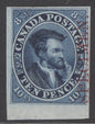 SG 13 Canada 1852. 10d bright-blue, overprinted specimen in red. Full good-huge margins. A lovely example
