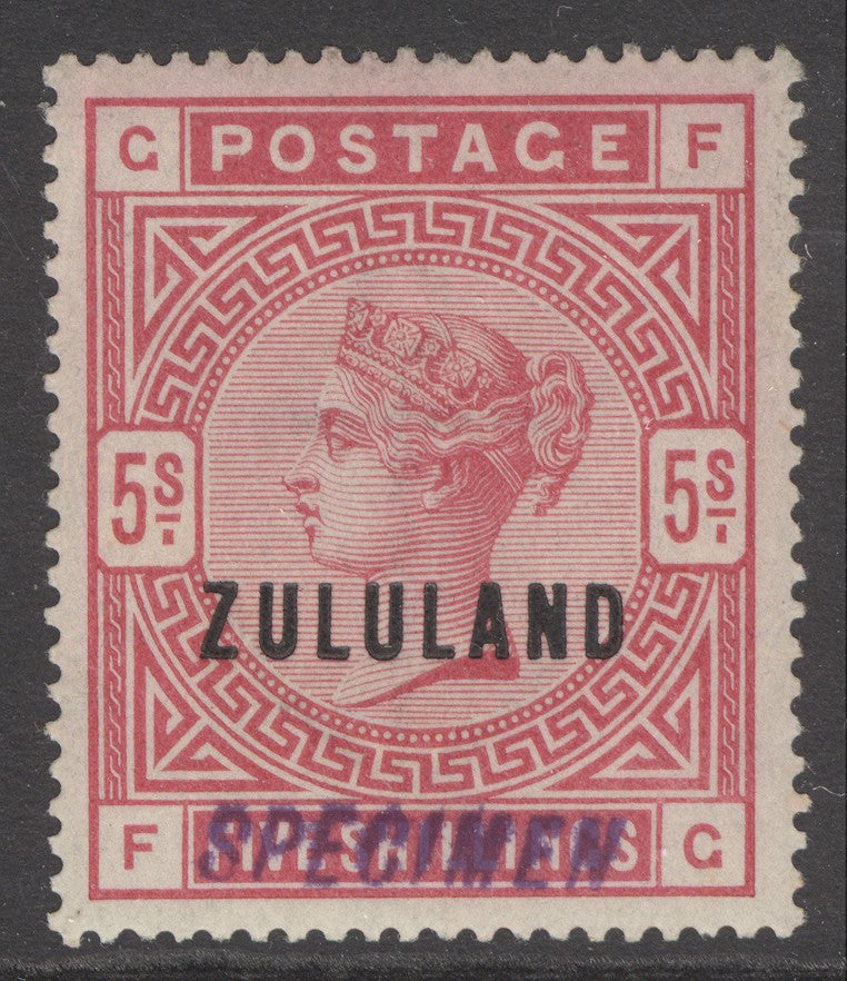 SG 11s Zululand 1883-93. 5/- rose, handstamped specimen. Very lightly mounted mint