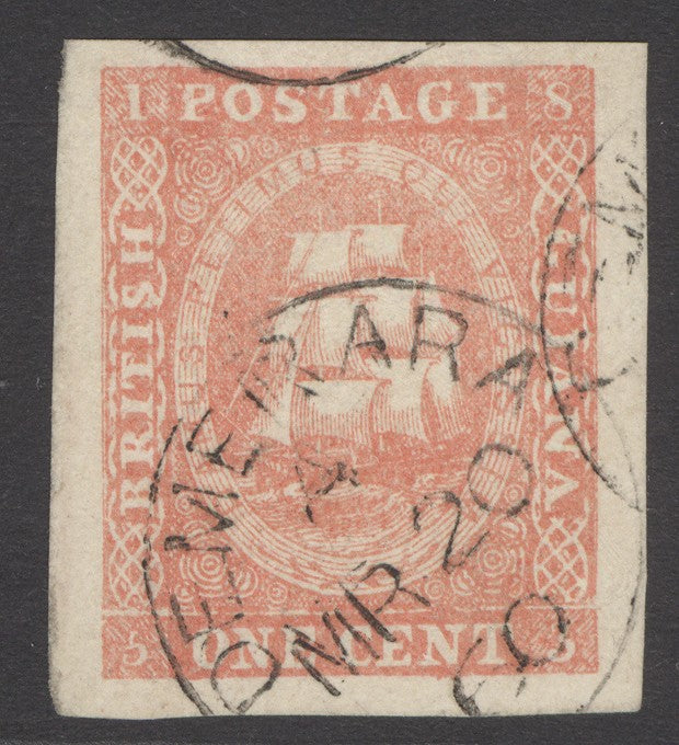 SG 12 British Guiana 1853-59. 1c dull red, type A. Very fine used with a Demerara CDS, March 20th 1860. 4 large margins CAT £2250