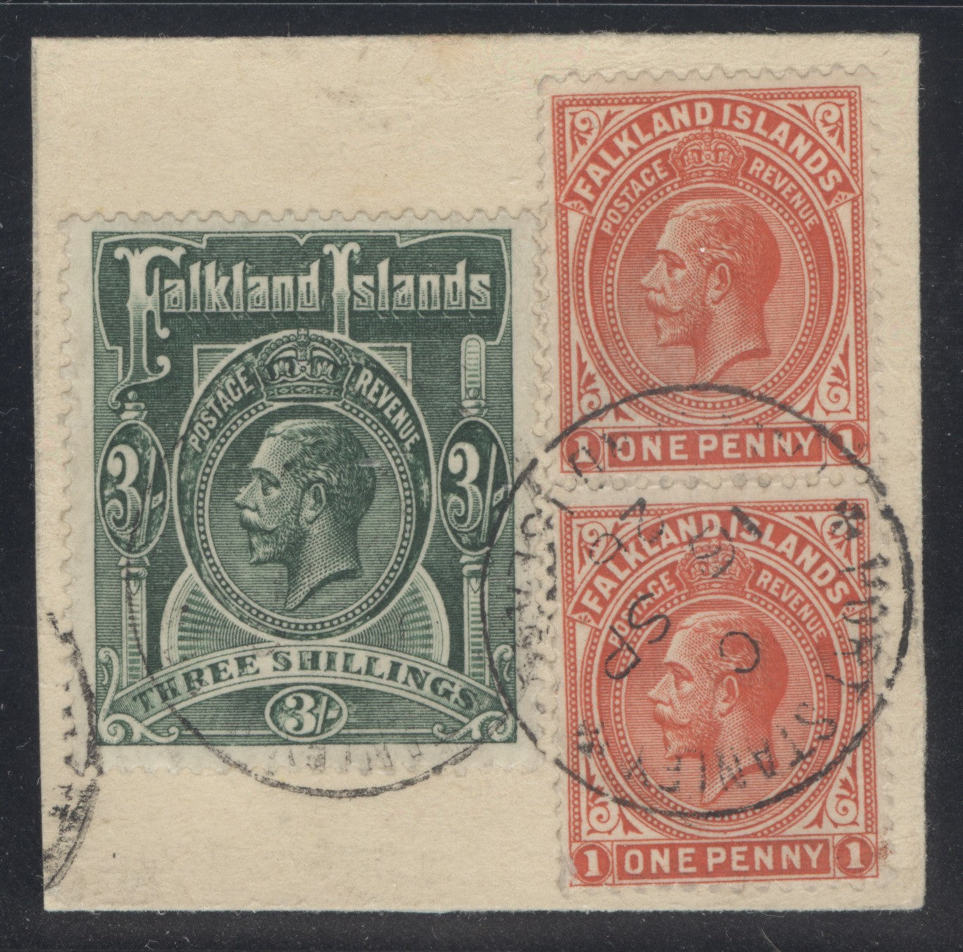 SG 74 x2 & SG 80 Falklands 1921-28 Used on piece. Very fine used with Port Stanley, 16th Sept 1926 CDS's