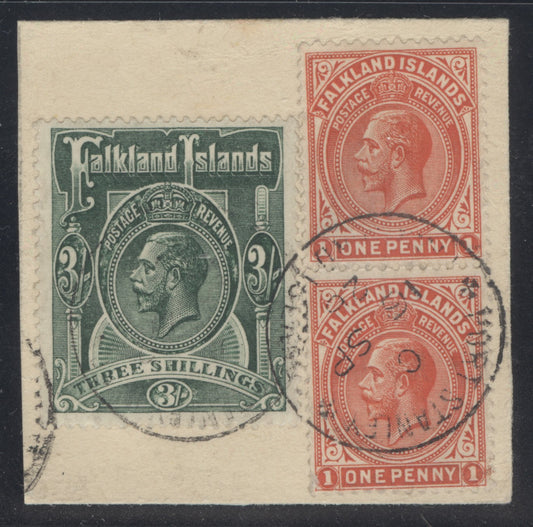 SG 74 x2 & SG 80 Falklands 1921-28 Used on piece. Very fine used with Port Stanley, 16th Sept 1926 CDS's