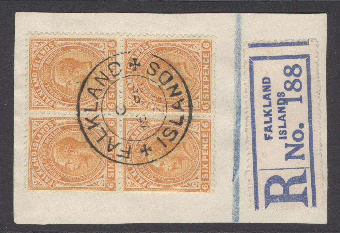 SG 78 Falklands 1921-28. 6d yellow-orange block of 4 on registered piece. Very fine used with a Falkland Island CDS, 16th Feb 1927 CAT £168