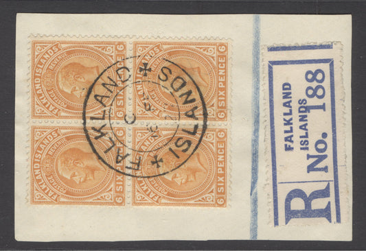 SG 78 Falklands 1921-28. 6d yellow-orange block of 4 on registered piece. Very fine used with a Falkland Island CDS, 16th Feb 1927 CAT £168
