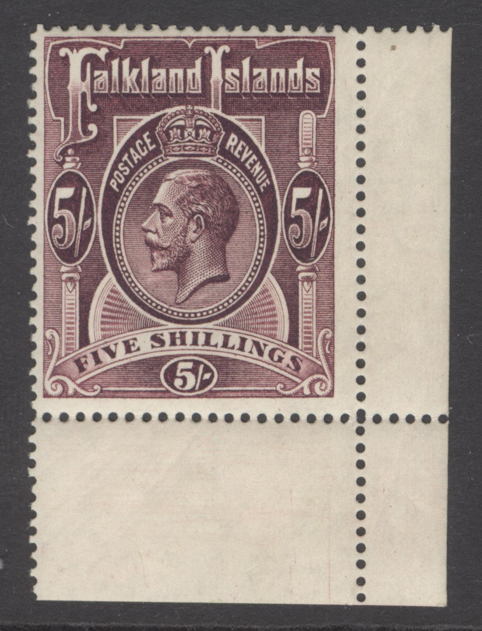 SG 67b Falklands 1912-20. 5/- maroon. A fine fresh very lightly mounted mint corner marginal example CAT £140