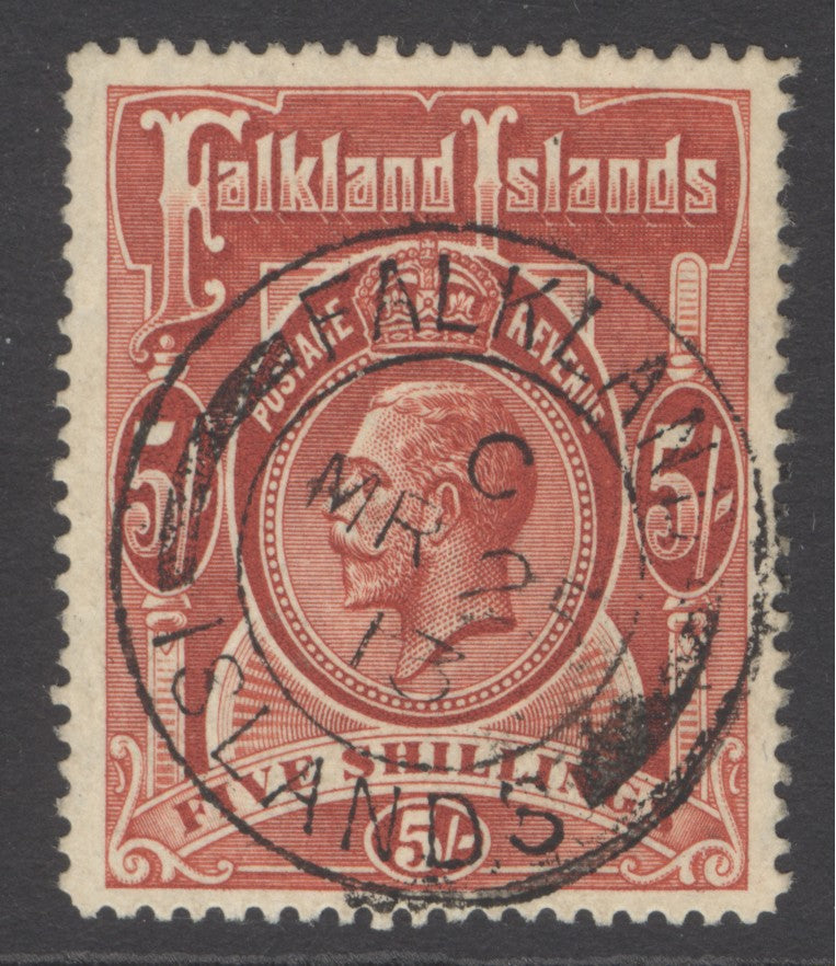 SG 67 Falklands 1912-20. 5/- deep rose-red. Very fine used with  an upright Falkland Islands CDS, March 25th 1913 CAT £120