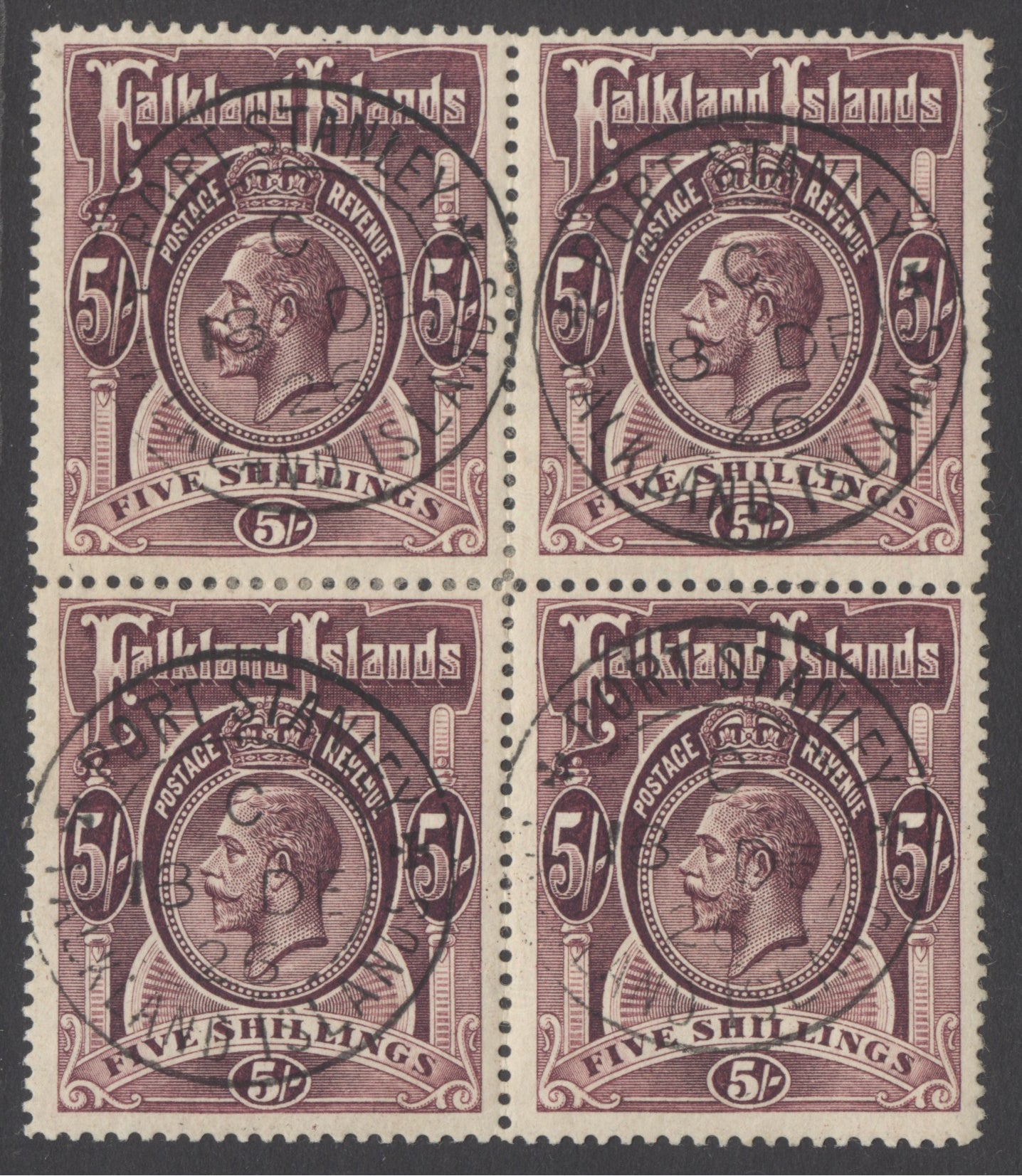 SG 67b Falklands 1912-20. 5/- maroon block of 4. Superb used with upright Port Stanley CDS's, 18th Dec 1926 with full deep colour CAT £680