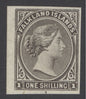 (SG 4) 1878. 1/- Falklands imperf colour trial in olive-black. 4 good to large margins, showing pair of unique lines at base